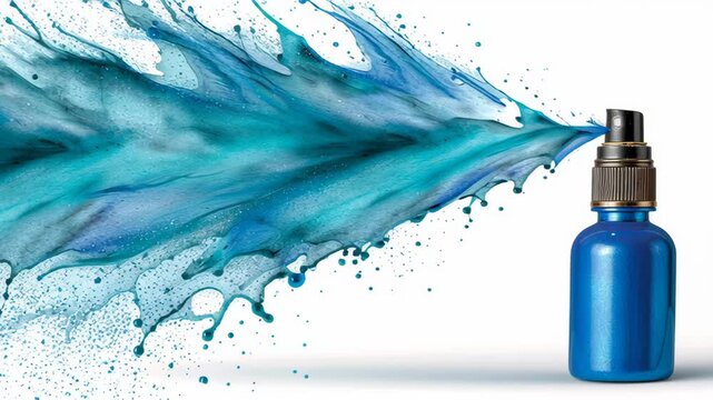 Blue spray bottle releasing vibrant blue paint splash, creating dynamic visual effect with fluid motion, showcasing creativity and artistic expression in a colorful abstract design