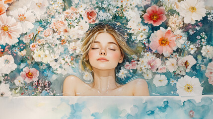 Serene Woman Amidst a Watercolor Floral Bath