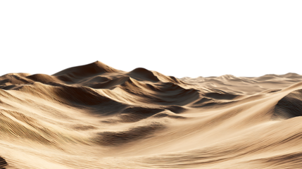 Perspective view of desert sand dunes with rippled textures and soft lighting isolated on transparent background