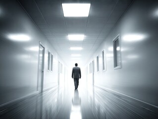 Obraz premium Solitary businessman walking down a bright futuristic corridor with reflective floors, symbolizing determination, focus, and the pursuit of new opportunities