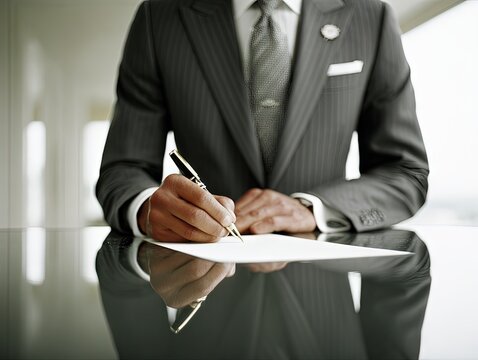Close‑up of a businessman in a pinstripe suit signing important documents at a polished desk, symbolizing authority, professionalism, and corporate commitment - Powered by Adobe