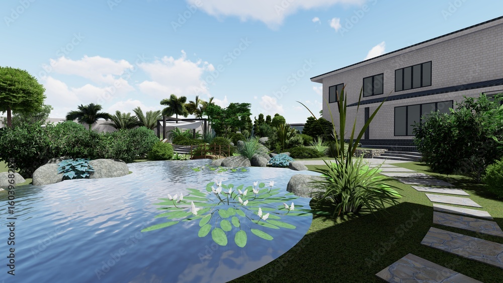 Poster 3d image of the landscape design of the home territory. landscaping of the territory. computer visua
