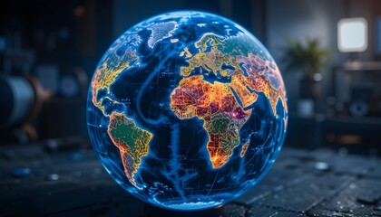 A holographic Earth globe projecting opportunity heatmaps based on population, tech growth, and global needs.