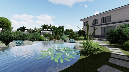 3d image of the landscape design of the home territory. Landscaping of the territory. Computer visualization of composite landscaping and landscaping solutions.	
