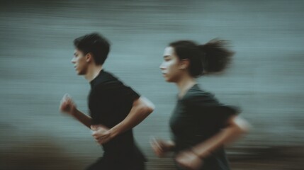 Fototapeta premium A man and woman are running side by side in motion blur against a muted grey background