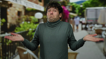 Handsome man outdoors wearing turtleneck standing on busy street showing expression of indifference...