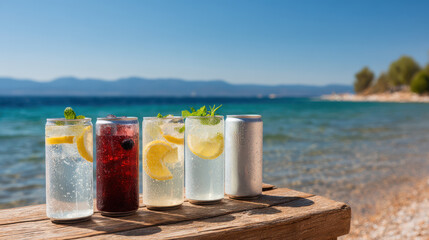 stunning display of top  famous cocktails served in vibrant cans perfect for beach setting