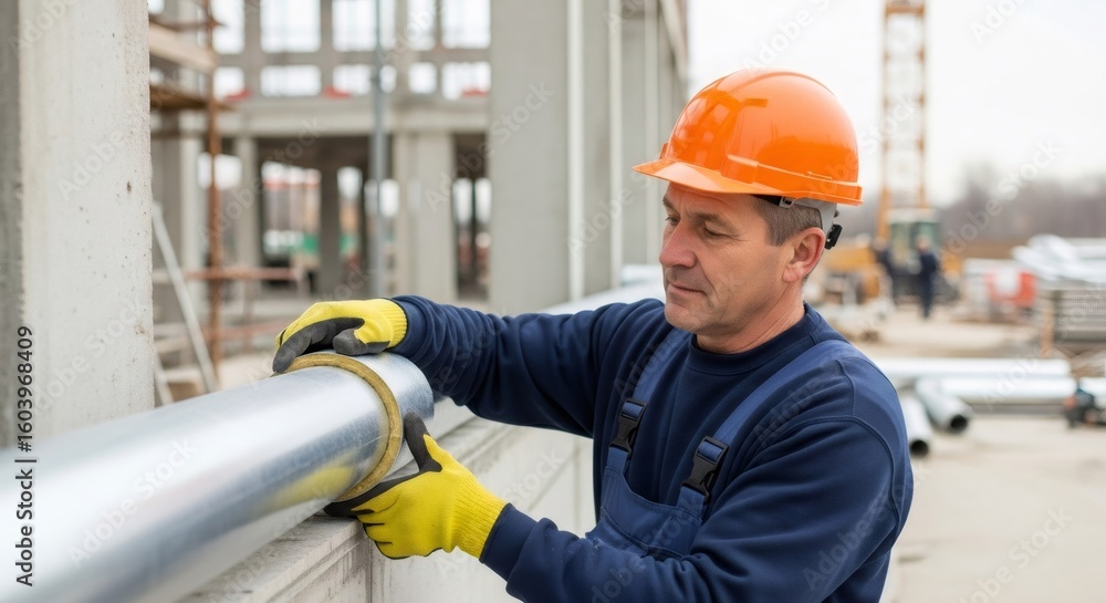 Aufkleber caucasian man installs pipeline insulation. construction worker working on building site. building r