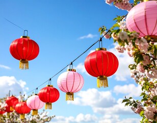 Obraz premium Festive lanterns against a vibrant sky with cherry blossoms