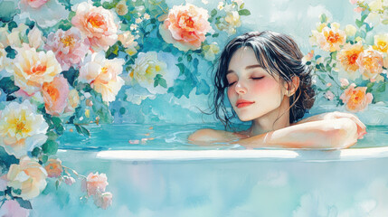 Serene Woman Relaxing in a Pastel Flower Bath