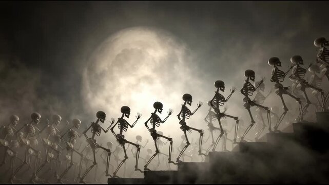 Creepy Skeletons Marching Up Stairs in Dark Atmosphere