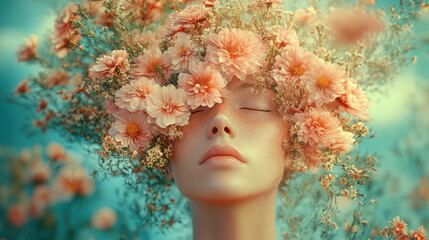 Serene Woman with Peach and Pink Flowers Crown, Soft Lighting, Dreamy Portrait