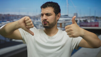 Man in white shirt shows both thumbs up and thumbs down gestures in front of building; uncertainty...