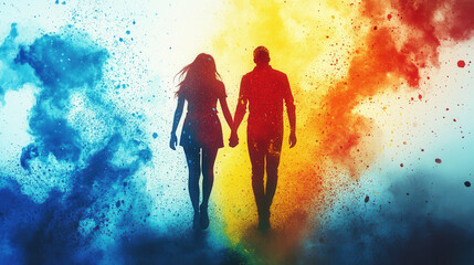 Silhouette Couple Holding Hands Amidst Blue and Orange Color Explosions