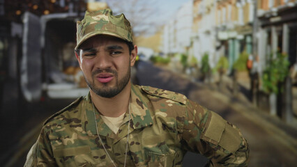 Hispanic man in camouflage military uniform stands with hands on hips wearing dogtags on sunlit...