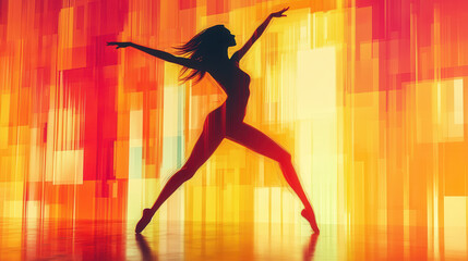 Silhouette of a Woman Dancing Against a Vibrant Red Orange and Yellow Abstract Background