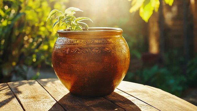 Ornate terracotta pot with plant on a wooden table outdoors, bathed in sunlight