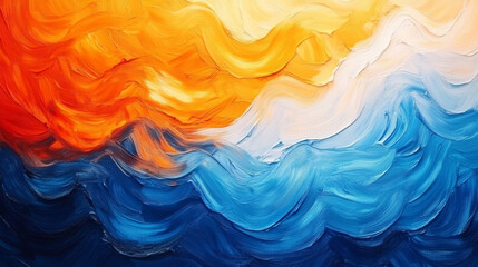 Abstract painting of orange yellow and blue waves