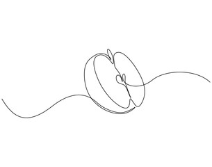 Continuous line drawing of apple slice. Single line illustration of apple fruit. Healty fruit concept. Editable outline