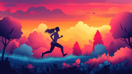 Silhouette of a Woman Running at Sunset in Pixel Art Landscape