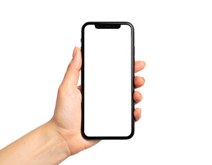 Hand holding smartphone with blank screen on transparent background