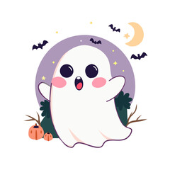 Cute Kawaii Ghost Cartoon Vector. Adorable Halloween Mascot with Bats, Moon, and Pumpkins.