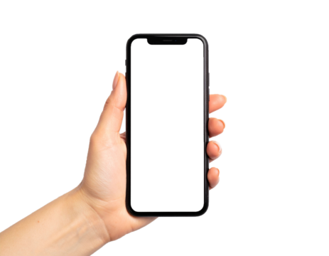 Hand holding smartphone with blank screen on transparent background - Powered by Adobe