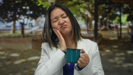 Woman in park holding coffee cup with toothache expression, wearing white jacket in outdoor setting...