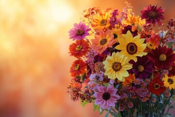 Vibrant autumn bouquet with sunflowers, zinnias, and dahlias in warm sunset hues.
