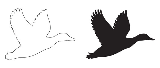 Flying Duck Icons. Outline & Silhouette Wildlife Vector Set.