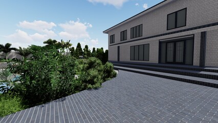 3d image of the landscape design of the home territory. Landscaping of the territory. Computer visualization of composite landscaping and landscaping solutions.	
