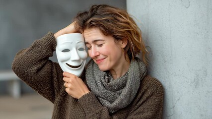 Woman with curly hair wearing a cozy sweater, holding a white theatrical mask close to her face, expressing emotions and introspection, against a minimalist background with soft lighting