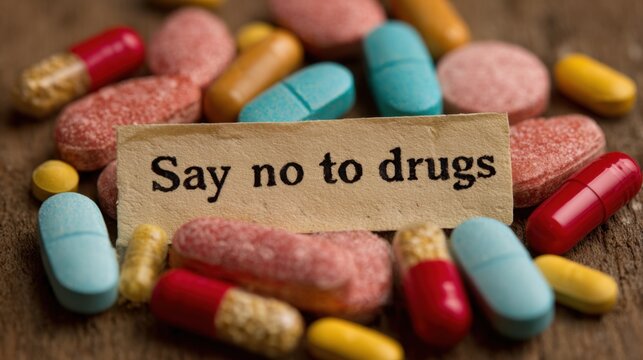 colorful pills and capsules scattered on a wooden surface with a torn piece of paper that reads "Say no to drugs."