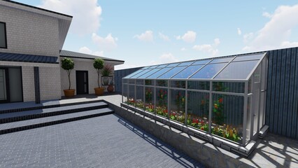 Obraz premium 3d image of the landscape design of the home territory. Landscaping of the territory. Computer visualization of composite landscaping and landscaping solutions. 