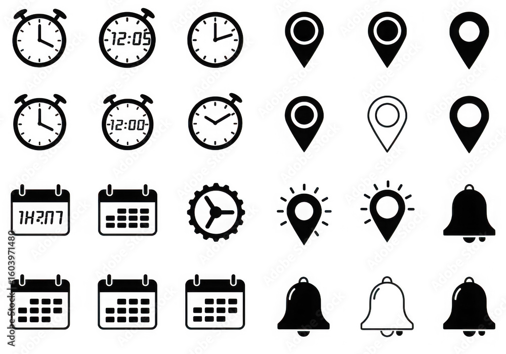 Poster collection of black and white icons clocks map pins calendars gears and bells in a vector style on t