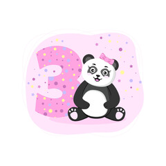 Birthday card with panda girl. Birthday invitation for girl 3 year. Baby shower banner with cute panda for baby banner, baby shower invitation, birthday card, social media, wallpaper, website. 