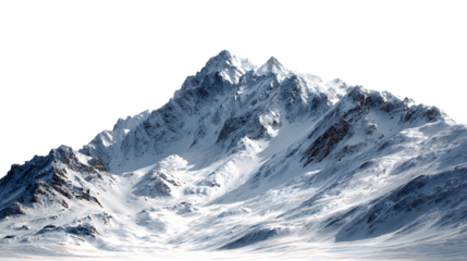Majestic snowcapped mountain range with rugged peaks and icy slopes under a clear sky isolated on transparent background