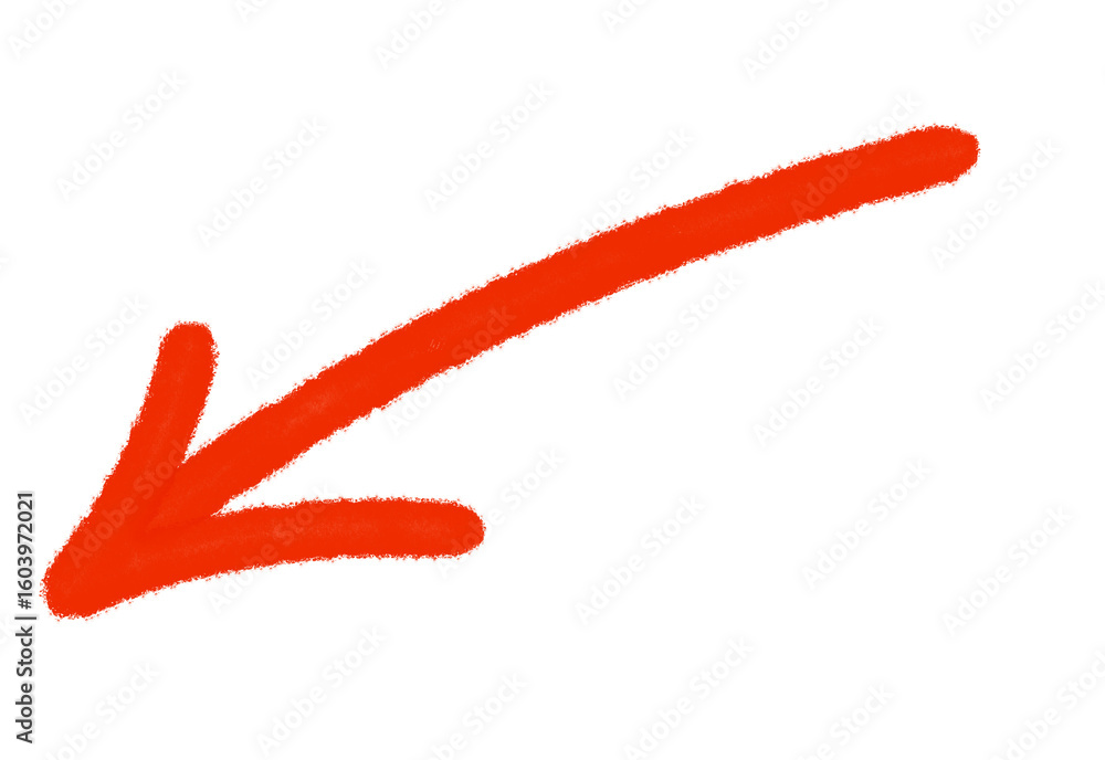 Poster hand drawn textured red arrow pointing diagonally downwards on a white background with transparency 