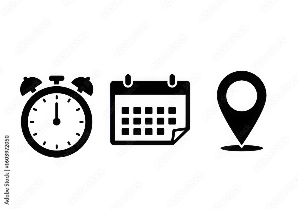 Poster clock calendar and location icons time management scheduling and navigation isolated on transparent 
