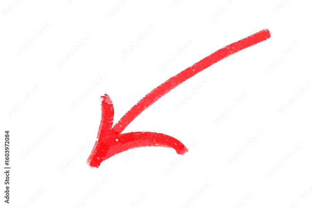 Poster hand drawn arrow symbol pointing downward in vibrant red color on transparent background