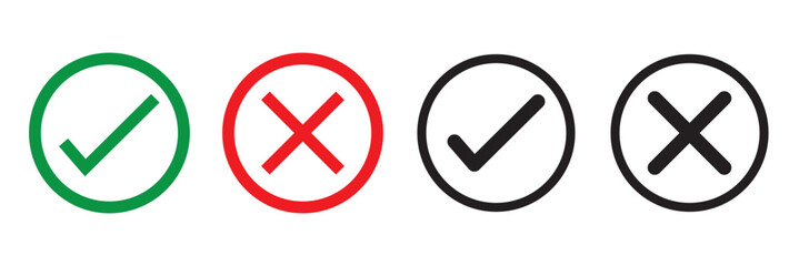 Checkmark and cross icons set. Different styles, checkmarks and crosses icons, red cross, green checkmark. Vector icons.