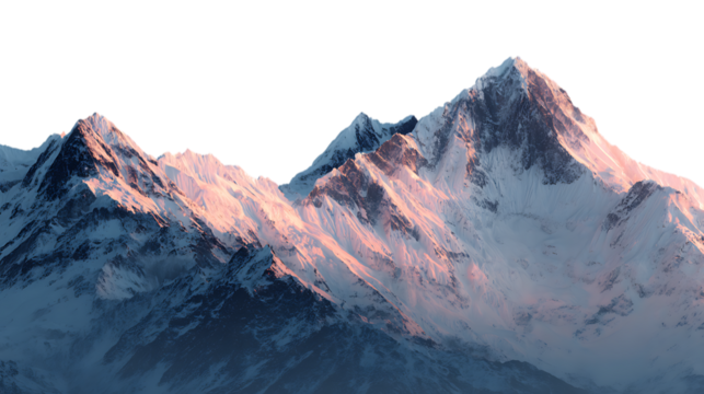 Snowcapped mountain range illuminated by the golden light of sunrise isolated on transparent background