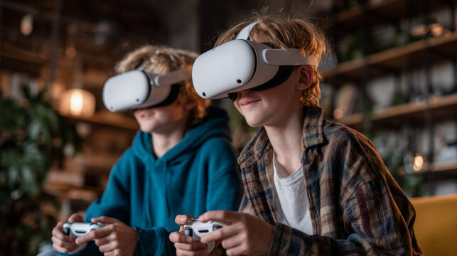 Enthusiastic young gamers immerse themselves in VR-based NFT blockchain games from home, blending play with decentralization - Powered by Adobe