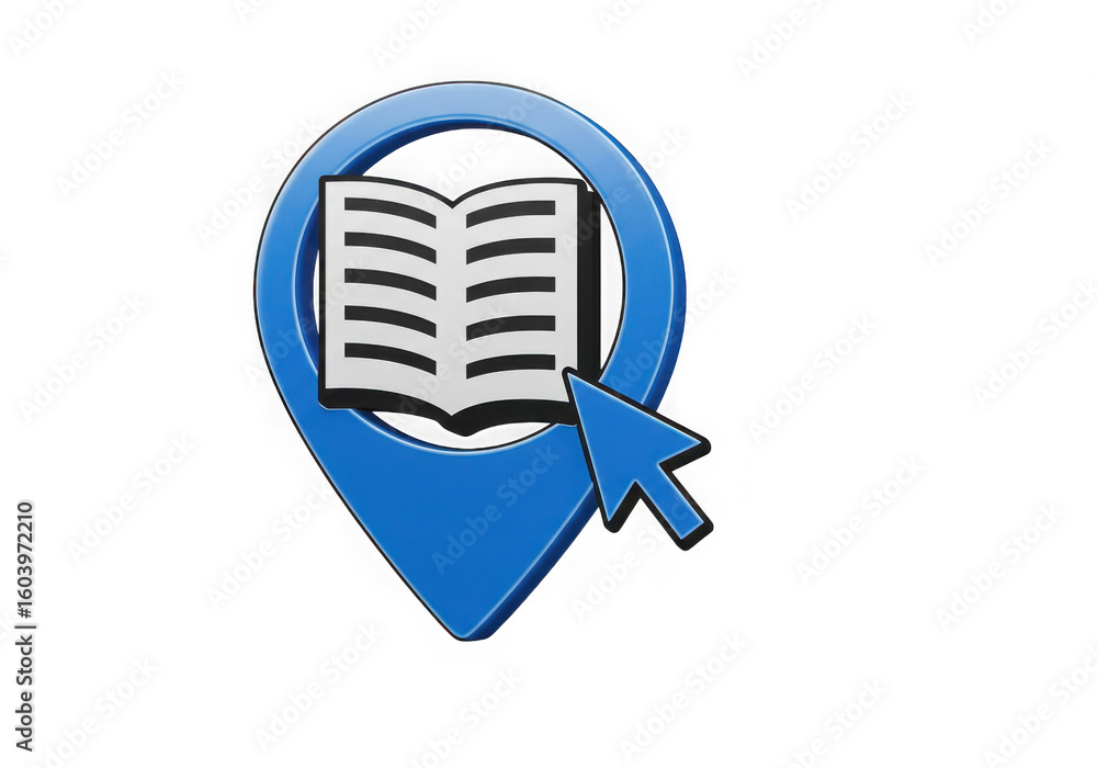 Poster blue map pointer with book icon and cursor representing library or bookstore location and online inf