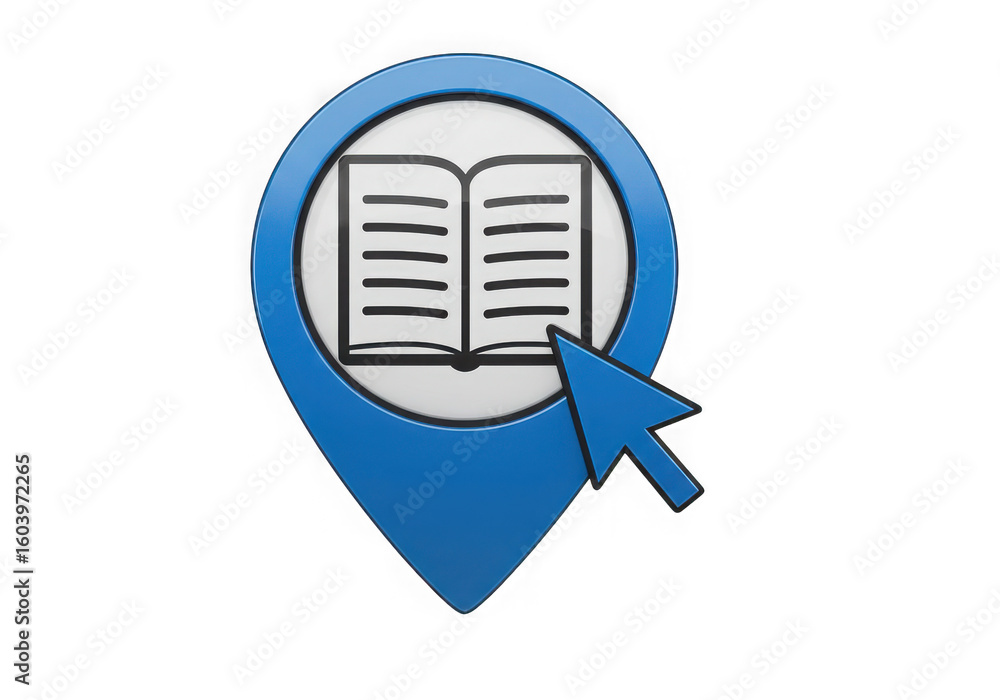 Poster Blue map pointer with open book and cursor clicking symbolizing online learning and digital education resources isolated on transparent background