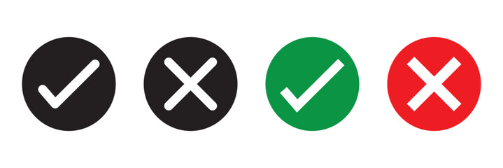 Checkmark and cross icons set. Different styles, checkmarks and crosses icons, red cross, green checkmark. Vector icons.