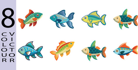Eight Colorful Cartoon Fish, Vibrant Vector Illustration, Childrens Book Style