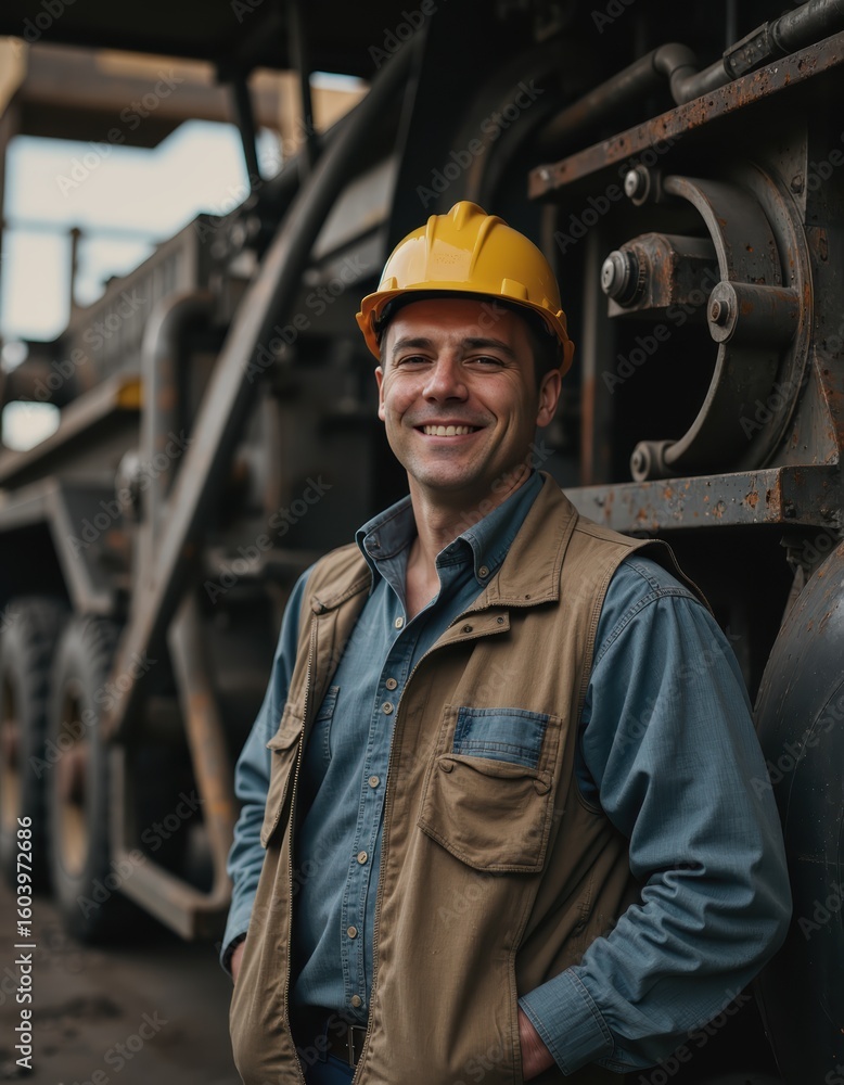 Poster engineer smiling beside a bucket conveyor, showcasing expertise in material handling