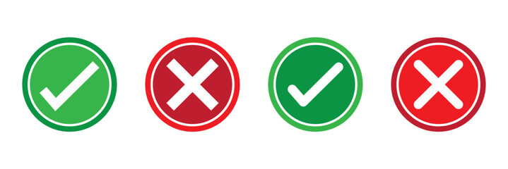 Checkmark and cross icons set. Different styles, checkmarks and crosses icons, red cross, green checkmark. Vector icons. © Ankita