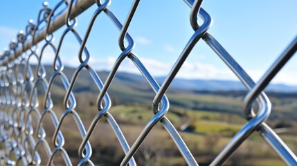 Close up of a metal chain-link fence with rolling hills and blue sky in background